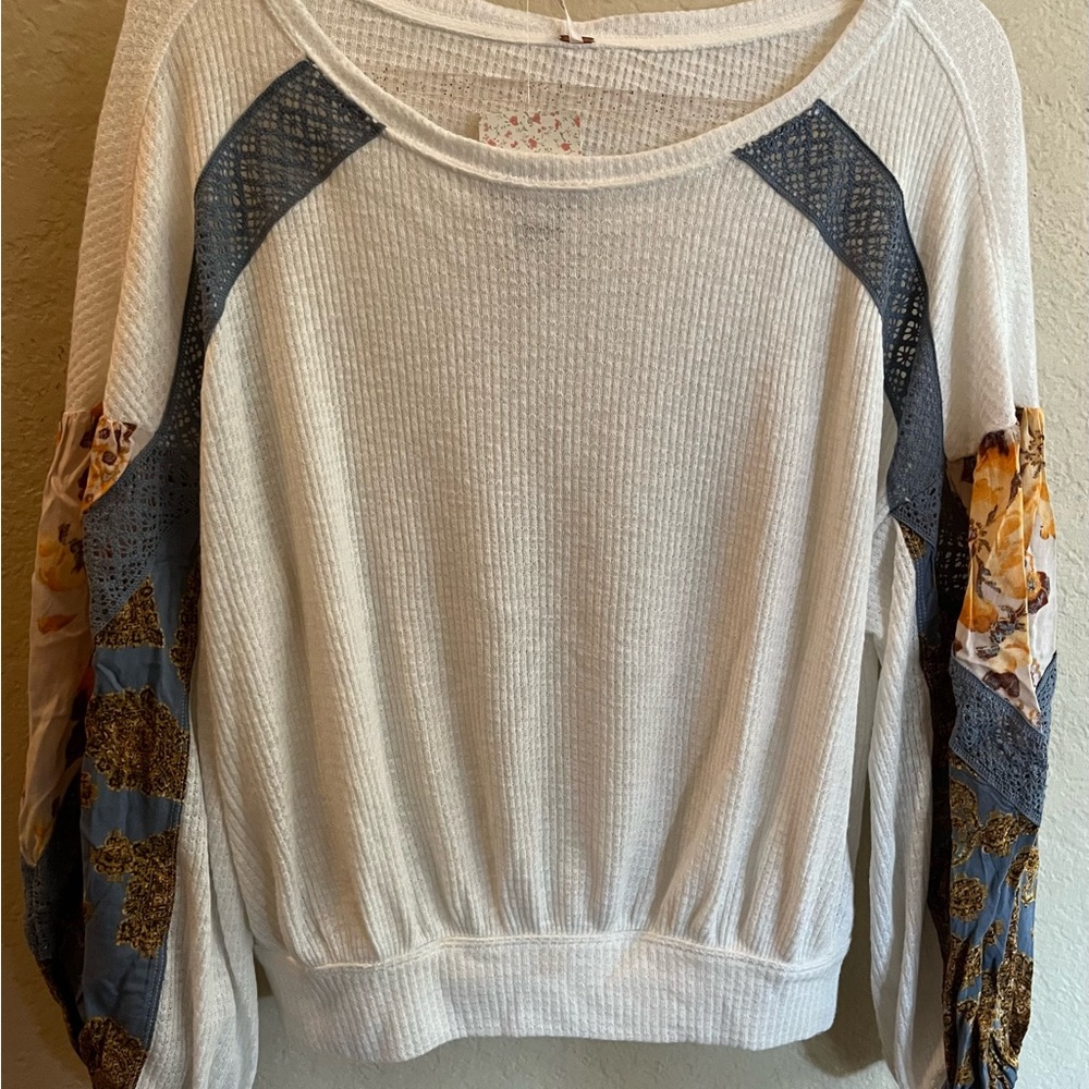 Free People Ivory Top with Blue and Floral Sleeves